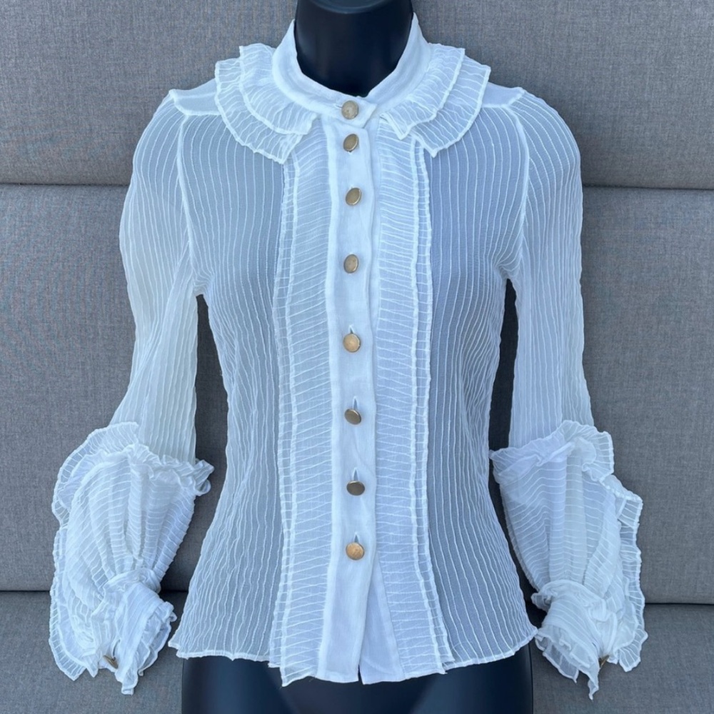 CHLOE Sheer Silk Runway Button Up Blouse with Ruffle Detailed Long Sleeves
